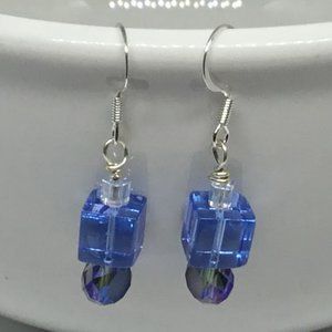 Blue w Purple Glass & Crystal Earrings
